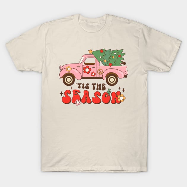 Merry Christmas Tis The Season Retro Truck Christmas Tree T-Shirt by SilverLake